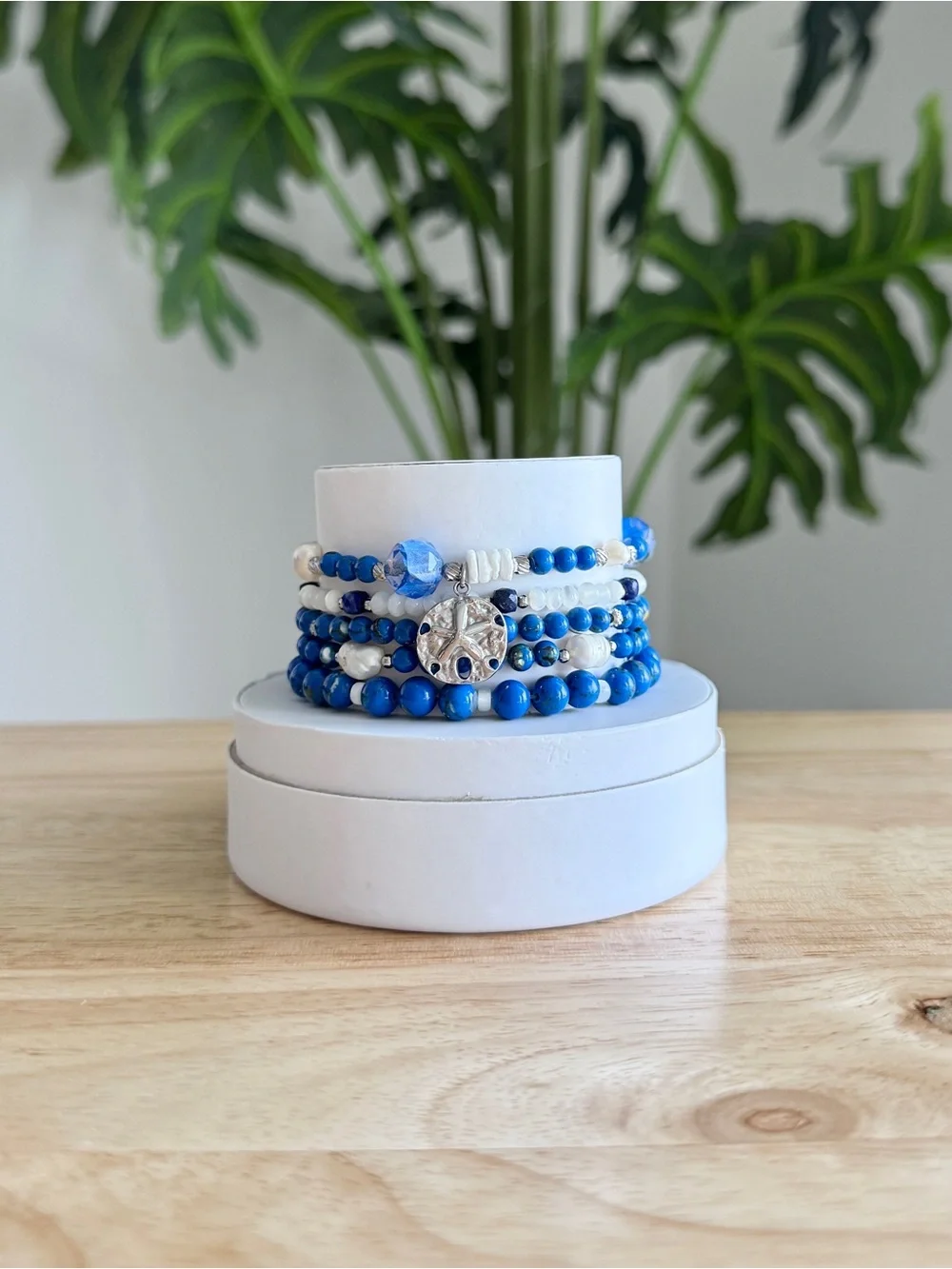 Blue & White Beaded Stretch Bracelet Stack with Sand Dollar Charm | Ryze Party